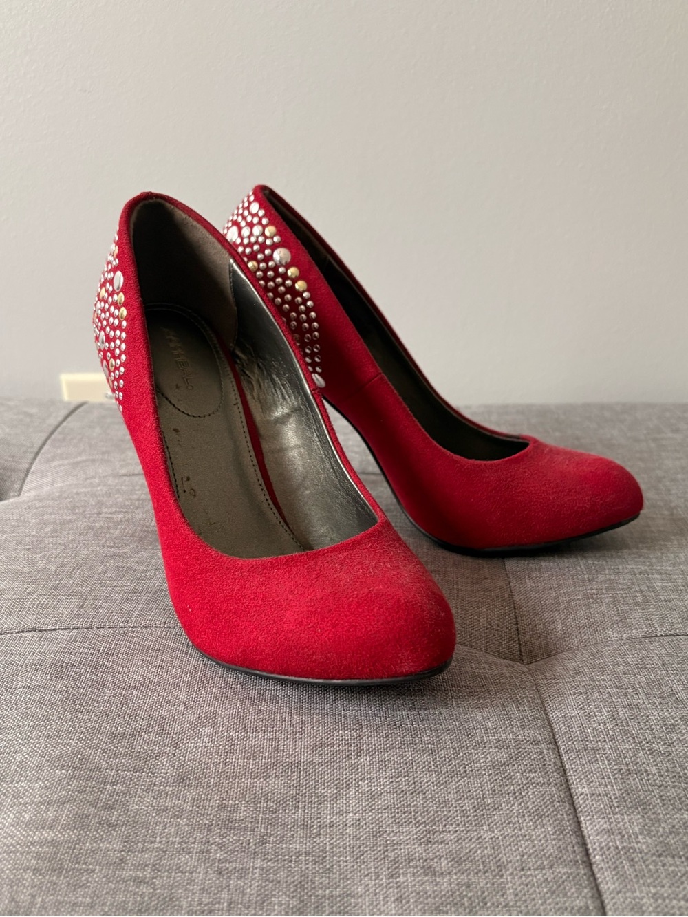 Xappeal Red Suede Rhinestone Heel Pumps